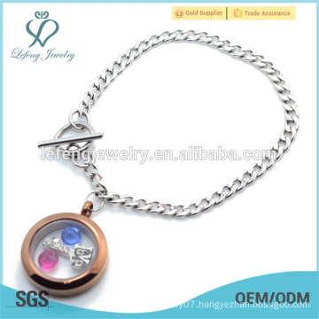 Hot sale stainless steel Cuban Chain bracelet, 316l stainless steel Silver& Chocolate floating locket bracelet